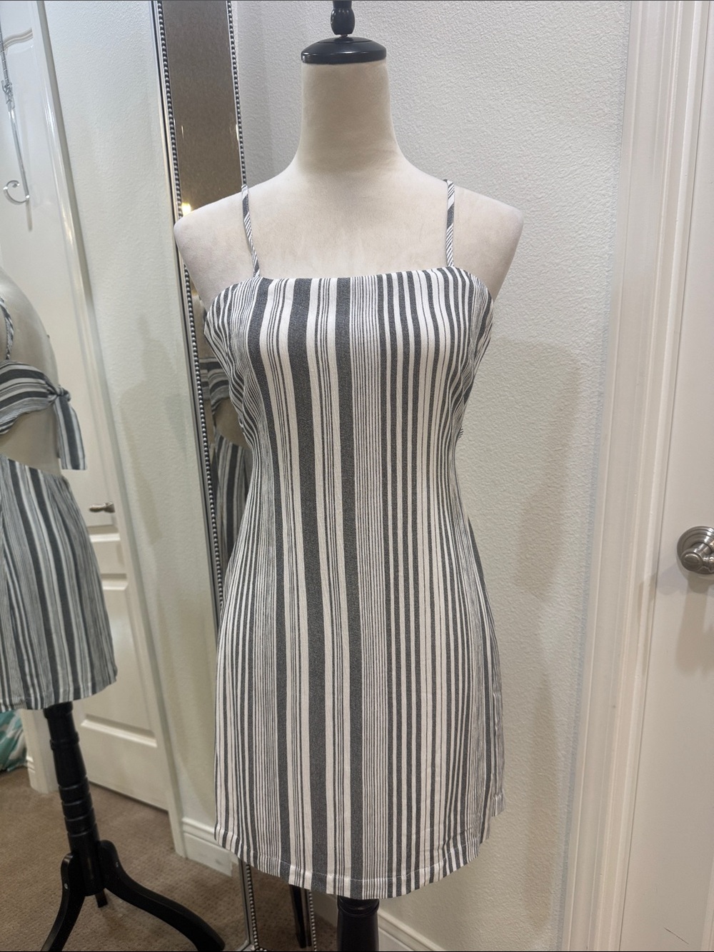 re:named Black & White Striped Spaghetti Strap Mini Dress